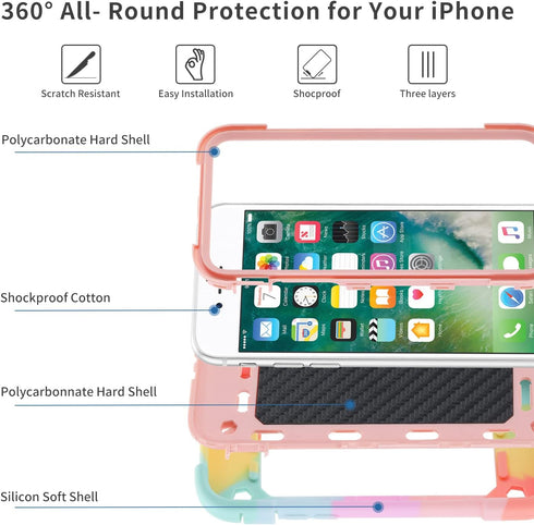 iPhone SE3/SE2/6/6S/7/8 4.7" Heavy-Duty Military Grade Rugged Case with Ring Stand & 2 Screen Protectors (Rainbow Pink)...