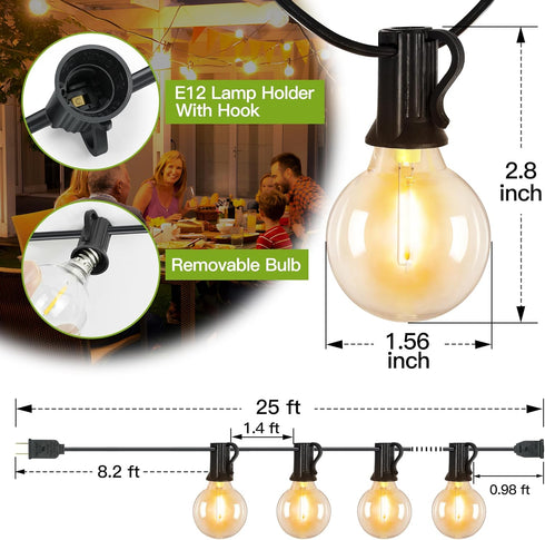 25Ft G40 String Lights, Patio Lights with 13 Bulbs(1 Spare), Waterproof Connectable Shatterproof Outdoor String Lights for Backyard Porch Balcony ...