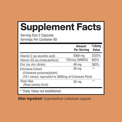 Vitamin C 2000MG, Zinc 40 mg, Vitamin D3 5000 IU, Echinacea Extract, Rose Hip, Immune Support for Adults & Kids, Immune Booster,120 Vegan Caps, 60...