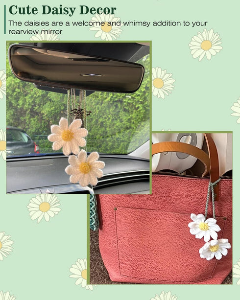 Crochet Daisy Car Accessories for Women Girls Cute Rear View Mirror Hanging Charms Handmade Daisy Flower Gifts for Crochet Lovers Car Decor Automo...