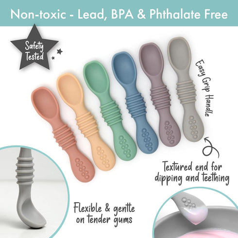 Silicone Chew Spoon Set for Babies and Toddlers - Safety Tested - BPA Free - Microwave, Dishwasher and Freezer Safe - Earth Shades...