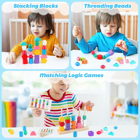Montessori Wooden Beads Sequencing Toy Set, Stacking Blocks & Lacing Beads & Matching Shape Stacker for 2 3 4 5 Year Old STEM Preschool Learning M...