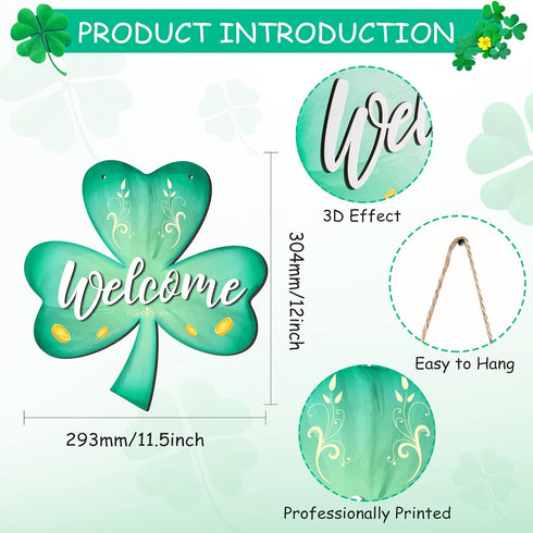 Jetec 12 x 11.5 Inch St. Patrick's Wall Pediments Wooden Irish Hanging Welcome Board Shamrock Plaques with Rope for St Patrick's Decor Window Home...