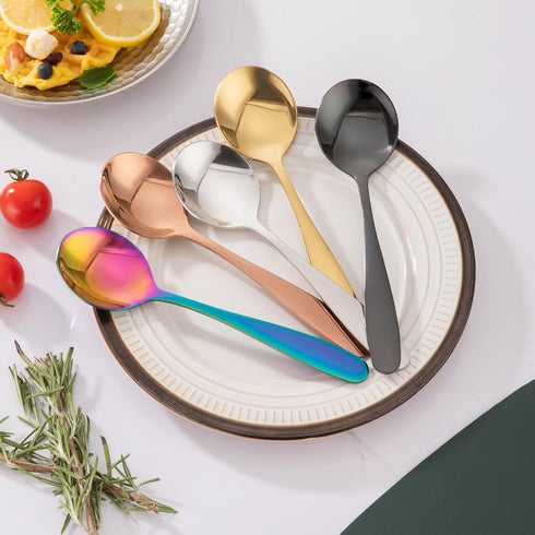 5-Piece Round Soup Spoons Set | Stainless Steel | Muticolor Dinner Serving Spoons Titanium Spoon - Mirror Polish & Dishwasher Safe...