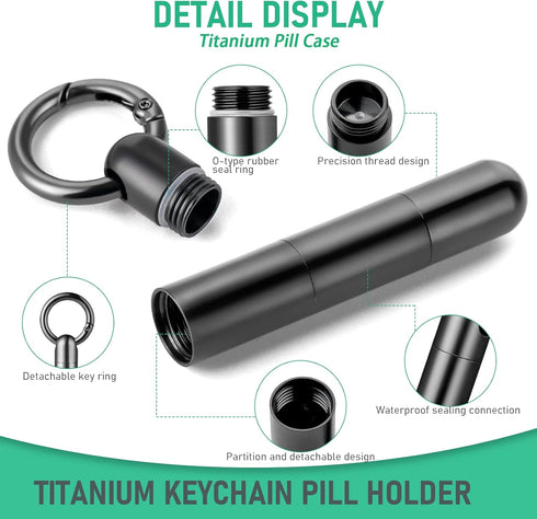 TISUR Keychain Pill Holder,Titanium Pill Case Small Pill Organizer Waterproof Pill Box, EDC Pill Container Metal Tube Outdoor Camping Travel for M...