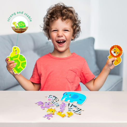 FLYINGSEEDS 6 Packs Safari Animals Shaped Wooden Jigsaw Puzzles for Toddlers Ages 1-3, Level-up Puzzles for Beginner, Montessori Learning Toys Pre...