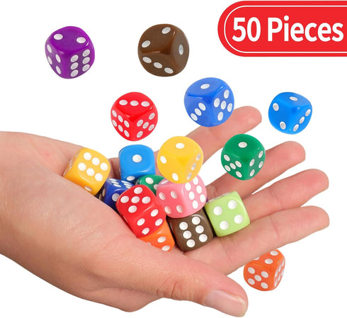 16MM Standard 6 Sided Dice Set, 50 Pieces Colorful Dice for Board Games, Classroom Math Bulk Game Dice, Make Entertainment More Exciting...