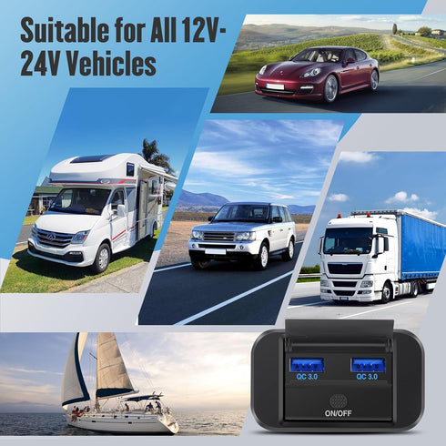 12V RV USB Outlet with Power Switch 36W Dual QC3.0 USB Quick Charge Socket 12V 24V Car Charger RV Switch Panel Car Charger with Waterproof Cover f...