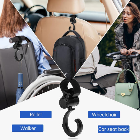 4 Pcs Walker Hook Hanging 360° Rotation Stroller Hooks for Hanging Diaper Bag Hanger Stroller Hooks for Walker Rollator Wheelchair Shopping Cart...