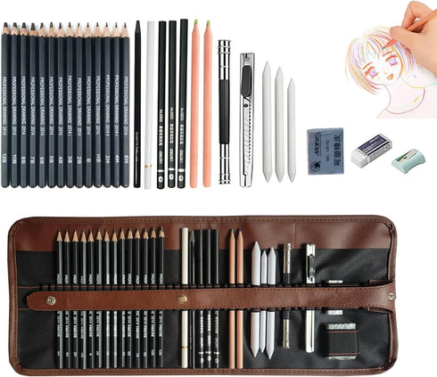 Drawing Pencils,30pcs Art Supplies Sketch Pencils Set with Graphite Pencils 12B 10B 8B 7B 6B 5B 4B 3B 2B B HB 2H 4H 6H,Black & White Charcoal Rain...