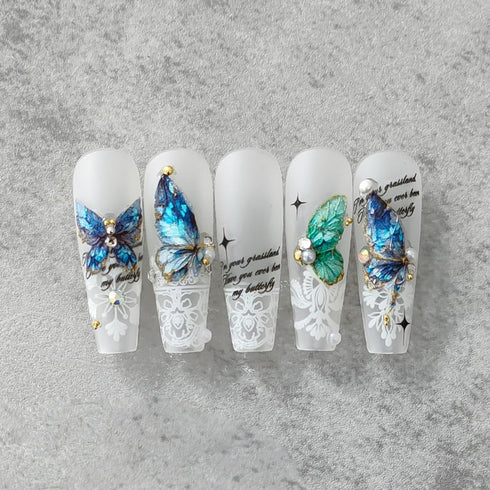 Butterfly Nail Art Stickers Decals 5D Embossed Butterfly Nail Decals Acrylic Engraved Design Nail Stickers Blue and Green Butterfly Self-Adhesive ...