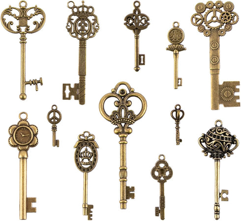 CHuangQi Vintage Skeleton Keys Set, Filigree Steampunk Keys, Antique Bronze Keys Charms Pendants, Different Style...