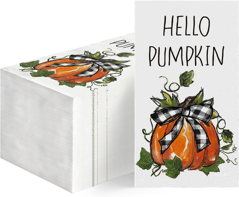 Horaldaily 50 Fall Disposable Paper Decorative Guest Napkins, Thanksgiving Autumn Harvest Orange Pumpkin Leaves Hand Towel for Party Lunch Dinner ...