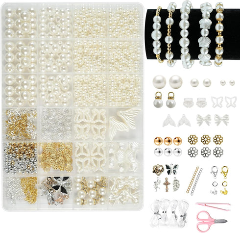 funluck Pearls Beads Kit with Hole-Jewelry Making Pearl Beads Supplies Including Gold&Sliver Beads-White Pearls for Crafting with Charms-Ideal for...