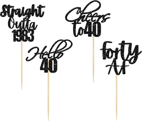 Gyufise 48 Pack Black Glitter Hello 40 Cupcake Toppers Glitter Forty Cheers to 40 Straight Outta 1983 Cupcake Picks for 40th Birthday Anniversary ...