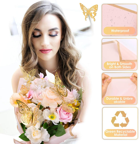 ROADPLUM 20 Sheets Flower Wrapping Paper, Pink Floral Wrapping Paper Bouquet Kit with 100 Pcs Diamond Bouquet Pins 60 Pcs 3D Gold Butterflies 1Rol...