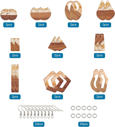 FASHEWELRY 20Pcs Resin Wooden Earring Pendants 10 Styles Gold Teardrop Rectangle Rhombus Flat Round Geometry Vintage Resin Wood Statement for Jewe...
