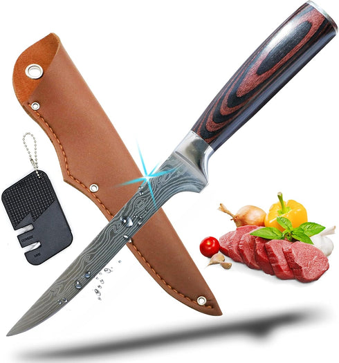 Premium Boning Knife with Sheath & Pocket Sharpener 6 Inch High Carbon Stainless Steel Japanese Fillet Professional Trimming Knife for Meat, Fish,...