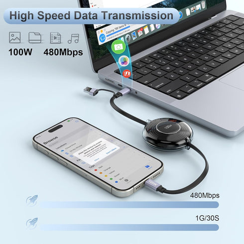 100W Retractable USB C Cable, USB A/USB C to USB C PD 5A Fast Charging Cord with Data Transfer, 100W USB C Retractable Phone Charger for iPhone 15...