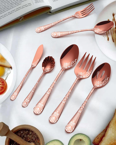 EUIRIO Stainless Steel Copper Serving Utensils Large Serving Spoon Set Serving Fork Slotted Spoon Buffer Knife and Sugar Spoon Kitchen Party Suppl...