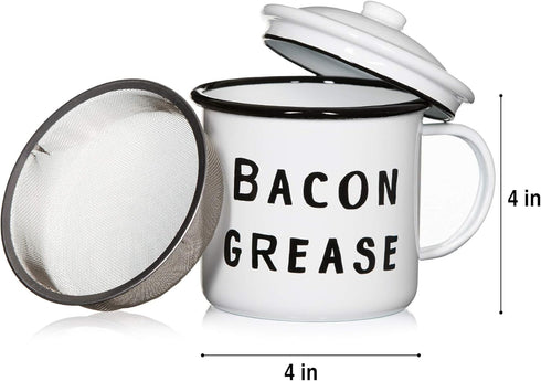 Golden Hills Mercantile Bacon Grease Saver with strainer - rustic mid-century modern farmhouse design, white enamel on metal, 4 inch x 4 inch vint...