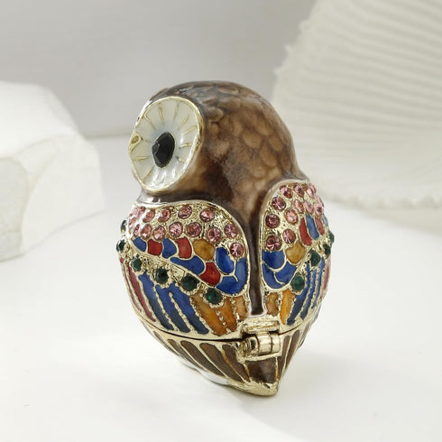 Hand Painted Enamel Mini Owl Trinket Box, Hinged Unique Mini Ring Necklace Jewelry Organizer, Classical Bejeweled Storage, Figurine Collectible Ke...