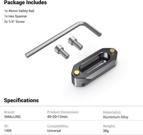 SMALLRIG Quick Release Safety Rail 4cm 1.57 Inches Long with 1/4'' Screws - 1409...