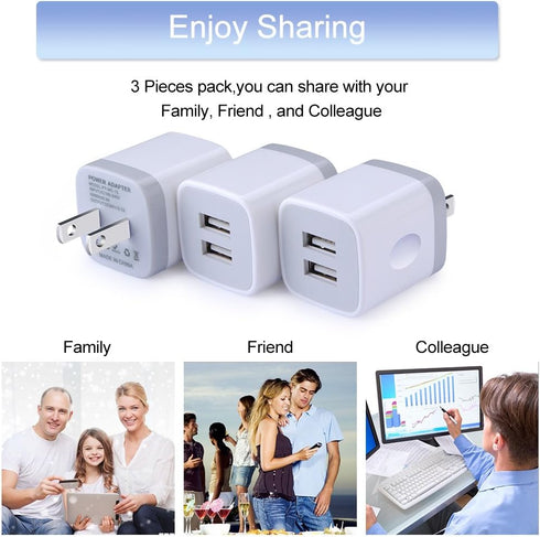 USB Wall Charger, Charging Adapter 3Pack 2.1A Dual Port USB Wall Charging Plug Block Head Box Travel Charger Cube Compatible iPhone 16 15 14 13 12...