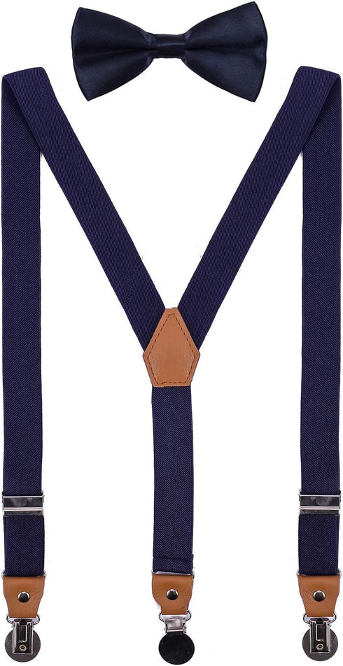 Men's Suspenders and Bow Tie Set Adjustable with Round Metal Clips 48" Navy Blue...