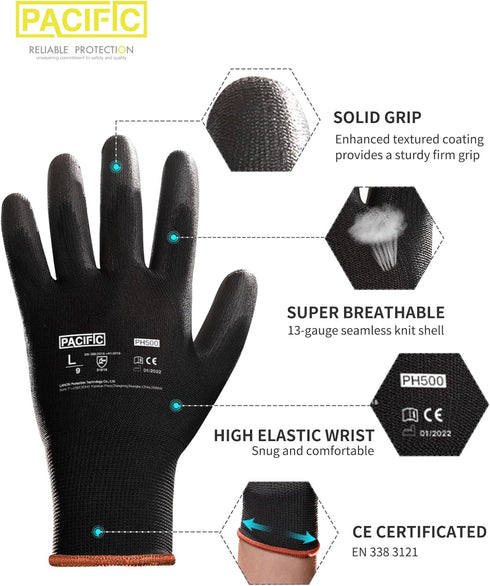 PACIFIC PPE Work Gloves PU Coated-12 Pairs, Touchscreen Working Gloves for Men and Women, Mechanic Gloves, Lightweight, Black, Large...