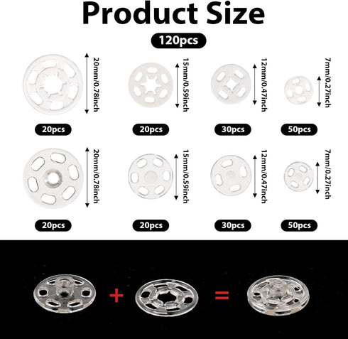 120 Sets Plastic Sew-on Snap Buttons Fasteners Buttons Invisible Sewing on Snap Buttons Round Clear Press Button Clear Snaps for Sewing Shirts Sew...