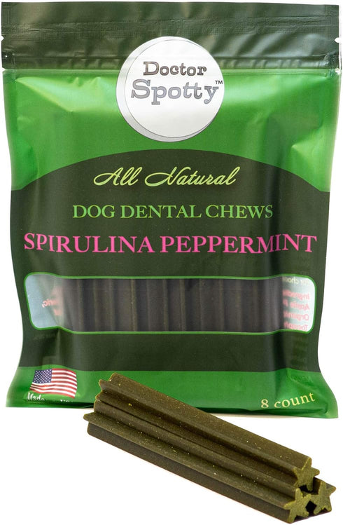 Doctor Spotty Peppermint Dog Dental Chews with Spirulina, Wholesome, Healthy Dog Chews, Natural and Grain-Free, Made in The USA, 8-Ct...