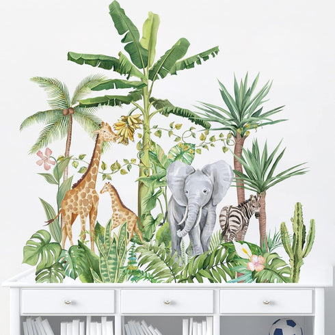 Runtoo Tropical Jungle Animal Wall Decals Giraffe Elephant Plants Wall Stickers Kids Room Bedroom Wall Decor...