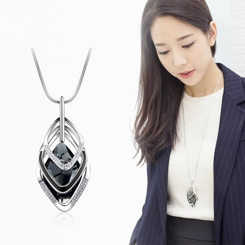 Long Chain Necklace for Women Crystal Sweater Triple Stack Zirconia Pendant Rhombic Rhinestone Pendant Necklace-Silvertone Fashion Jewelry for Wom...
