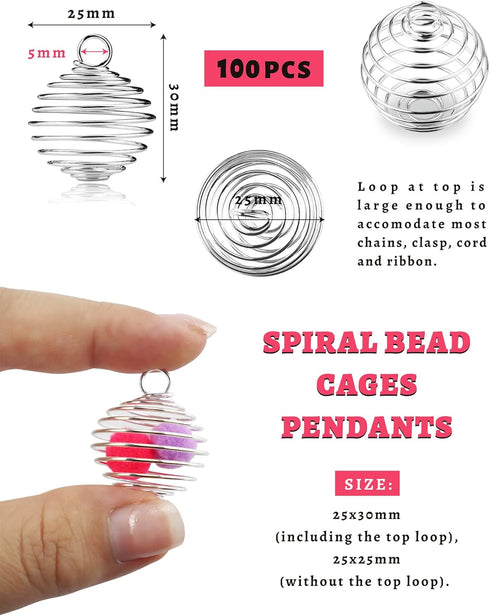 JIALEEY Spiral Bead Cages Pendants, 100 PCs 25x30mm Silver Plated Stone Holder Necklace Cage Pendants Findings for Jewelry Making and Crafting...