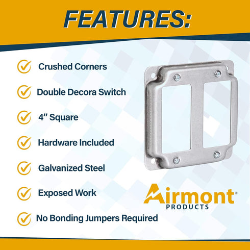 AP-12094, 4" Square Double Decora Switch Electrical Box Cover, 1/2" Raised, Exposed Work, Galvanized Steel, Crushed Corners, 2-Gang...