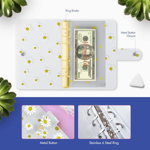 SOUL MAMA PVC A6 Budget Binder with Cash Envelopes for Budgeting - Cute Daisy Yellow Money Organizer for Cash Budget Binder, Clear Budgeting Plann...
