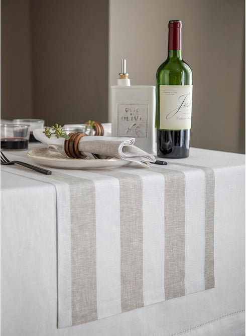 Solino Home Linen Table Runner 36 Inches - Cabana Stripe 100% Pure Linen Natural and White Table Runner 14 x 36 Inch Ideal for Dresser and Coffee ...