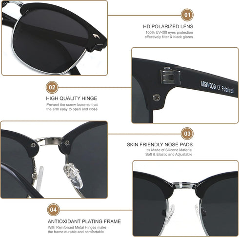 ANDWOOD Polarized Sunglasses for Men Women UV Protection Semi Rimless Sun glasses Classic Half Frame...