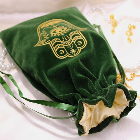 ARTSY CRAFTS 6x9" Hamsa Hand Velvet Jewelry Pouch Gift Bags, Fatima Hand Evil Eye Velvet Drawstring Oracle Tarot Card Rune bags Dice Bag (Moss Gre...
