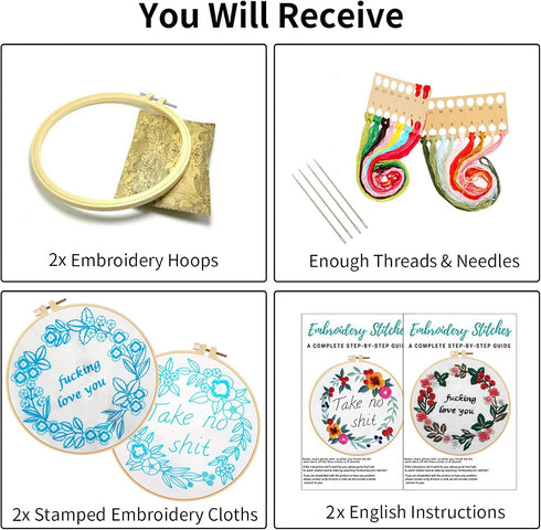 Nuberlic 2 Pack Embroidery Kits for Beginners, Cross Stitch Starter Kit Adults Include 2 Cloth with Pattern, 2 Hoops, Color Thread and Needles...
