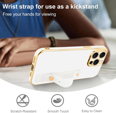 TEAUGHT for iPhone 13 Pro Case with Wrist Finger Strap for Women Girls Men, Cute Luxury Plating Soft TPU Slim Shockproof Protective Cover with Adj...