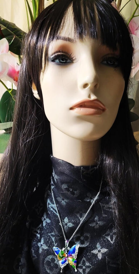 Silvertone Colorful Butterfly Pendant Necklace 24" Stainless Steel Chain...