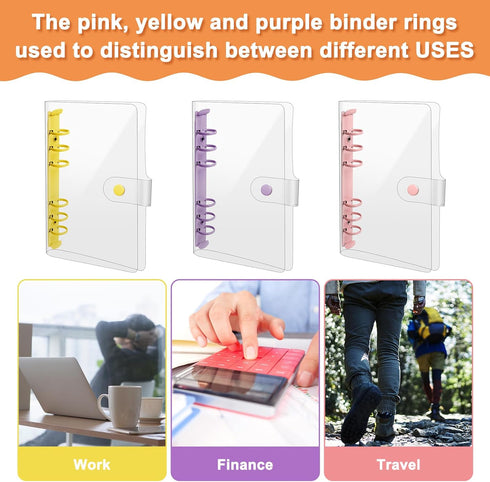 3 Pack A6 Soft PVC 6-Ring Binder Cover Clear Budget Binder Clear A6 6-Hole Planner Binder Cover Yellow Purple Pink Round Ring Binder Cover for Ref...