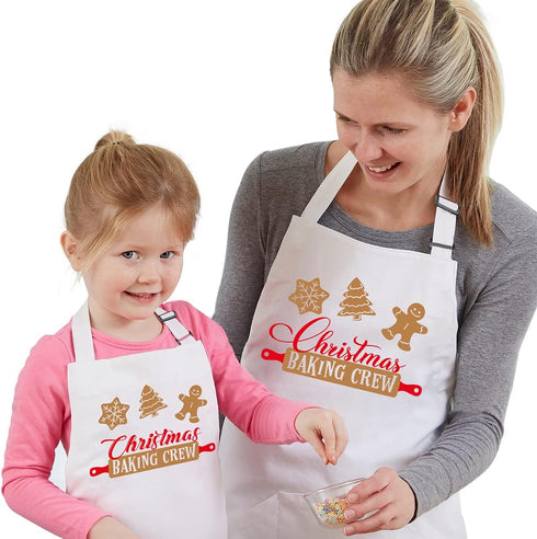 2 Pack Christmas Matching Aprons for Kids and Adults - Christmas Baking Crew - White Kitchen Aprons with 2 Pockets for Cooking Baking, Cute Custom...