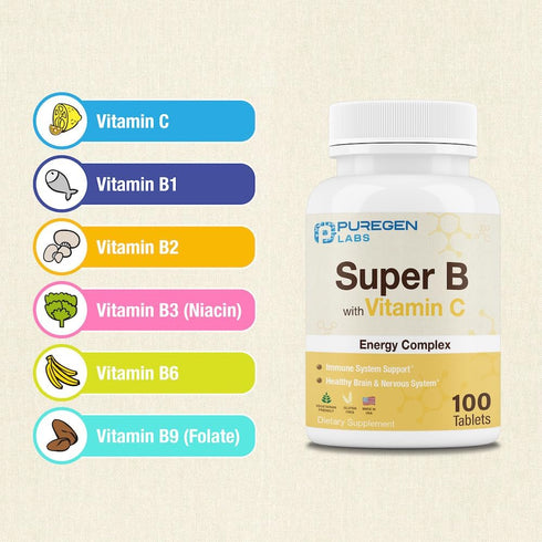 Puregen Labs Super B Energy Complex with Vitamin C - Immune Health, Energy & Nervous System Support - Non-GMO, Gluten-Free 100 Vegetarian Tablets...