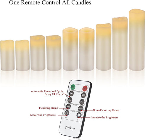 Flameless Candles Battery Operated Candles 4" 5" 6" 7" 8" 9" Set of 9 Ivory Real Wax Pillar LED Candles with 10-Key Remote and Cycling 24 Hours Ti...
