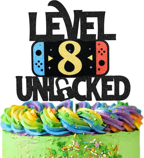 Level 8 Unlocked Game Birthday Cake Topper - Video Game Boy's 8th Birthday Game On Party Cake Supplies - Gaming Level Up Winner Party Decoration...