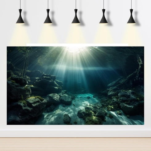 Aquarium Background Underwater Dark Cave Sunlight Rays Terrarium Background Undersea Moss Rocks Aquarium Backdrop Fish Tank Decor Vinyl 30x12in...