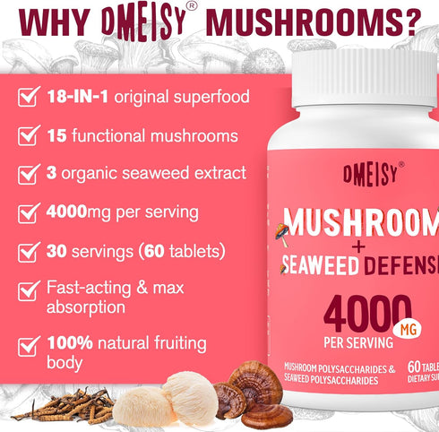 Sublingual Mushroom Complex 4000mg, 18-in-1 Lions Mane Mushroom Supplement with Reishi, Cordyceps, Chaga, Turkey Tail & Seaweed, Mushrooms for Imm...